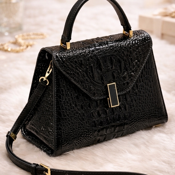 Handbags - Elegant Black Crocodile-Embossed Handbag